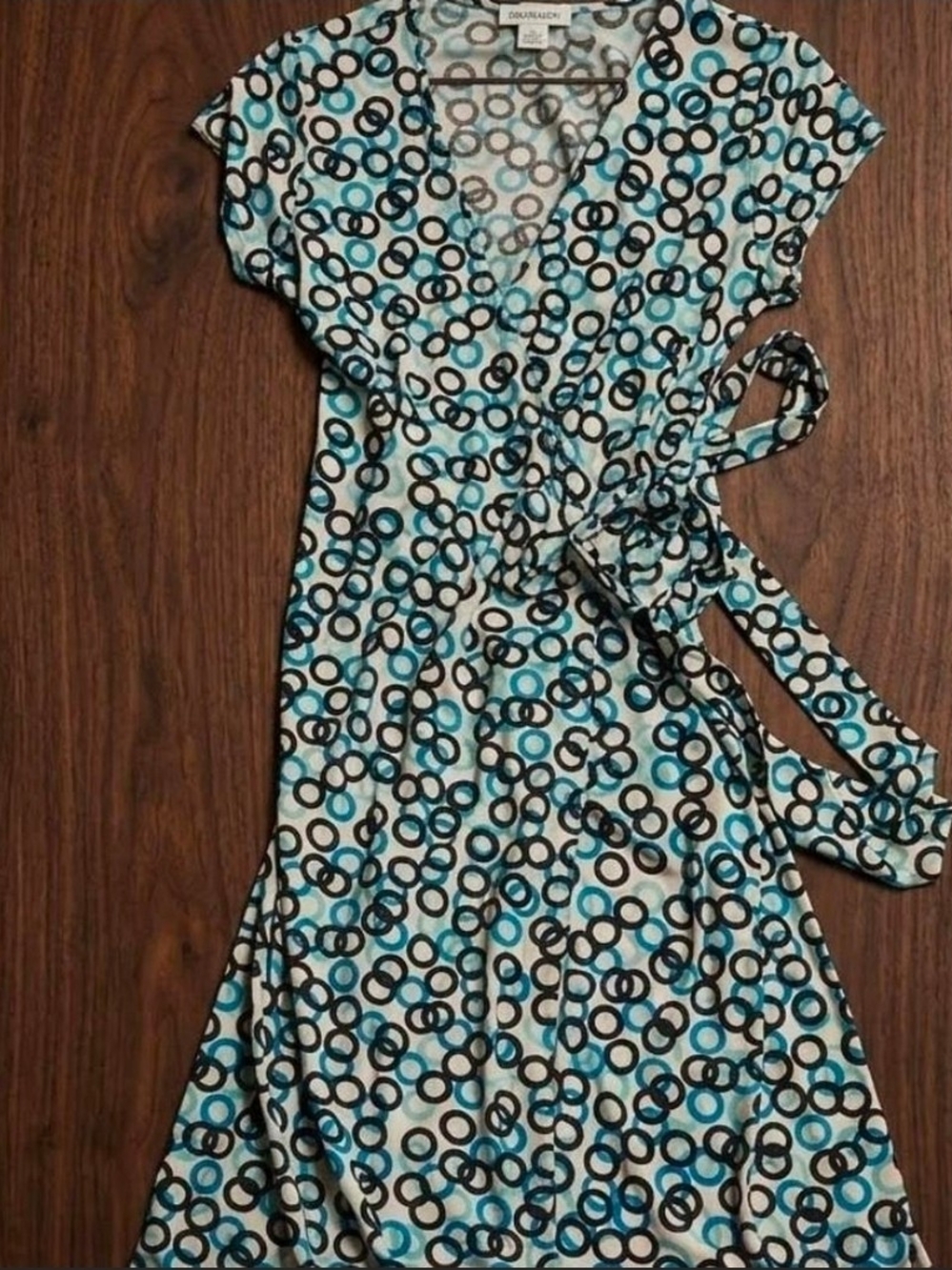 Banana Republic White Wrap Dress with Black & Teal Circle Print